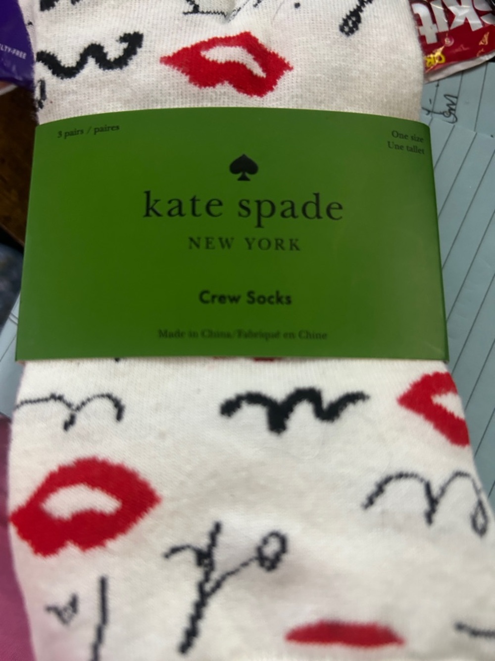 kate spade White Crew Socks with Red Lip and Black Script Print